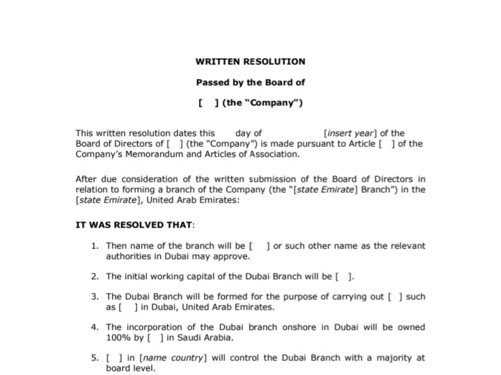Board of Directors Resolution to set up a business in Dubai Arkhurst
