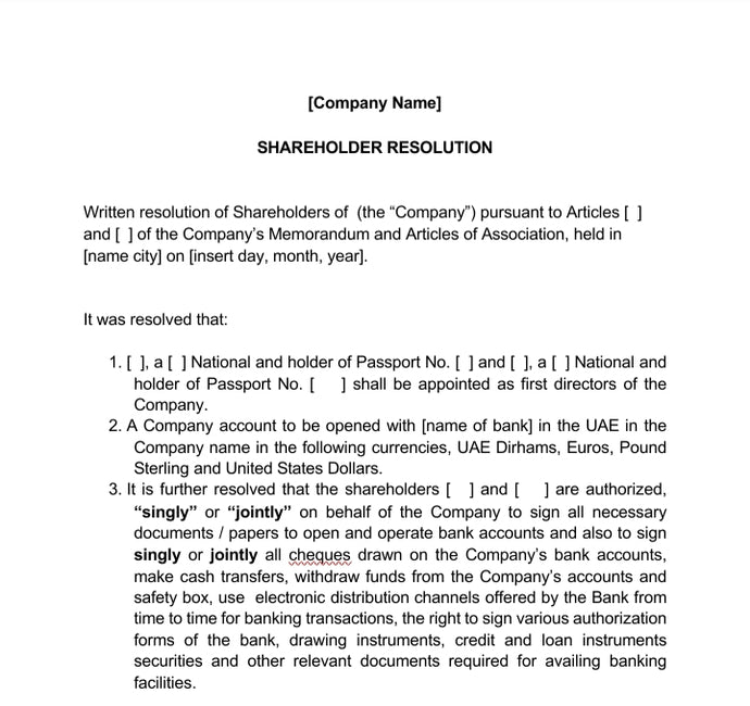 Shareholders Resolution (UAE Bank Account Opening) - Arkhurst Online Legal Shop