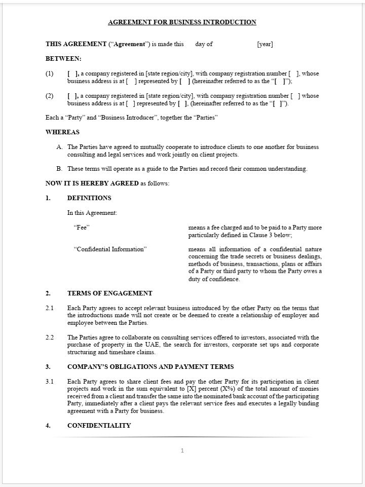 Simple Business Introduction Agreement - Arkhurst Online Legal Shop